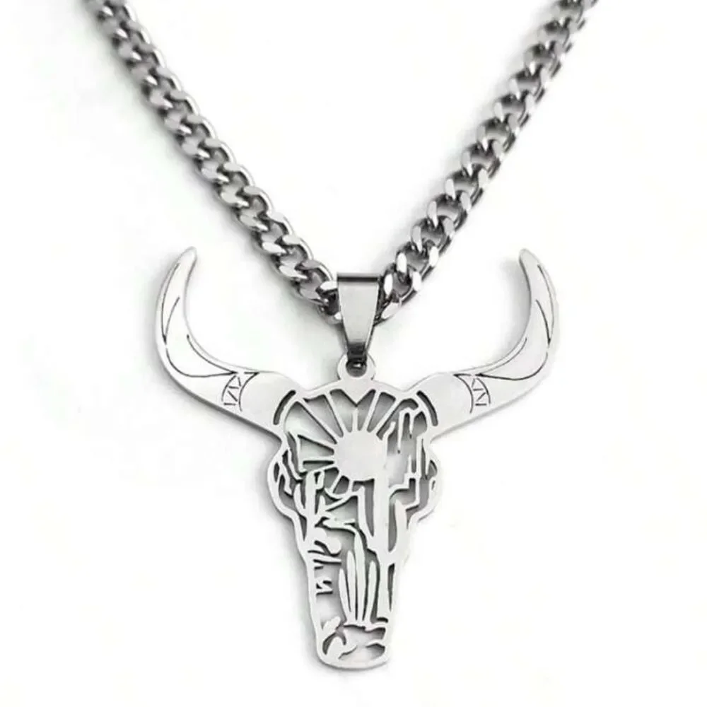 Silver Bull Skull‎ Pendant Necklace